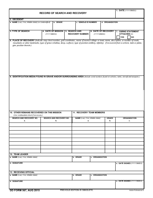 DD Form 567 Record of Search and Recovery