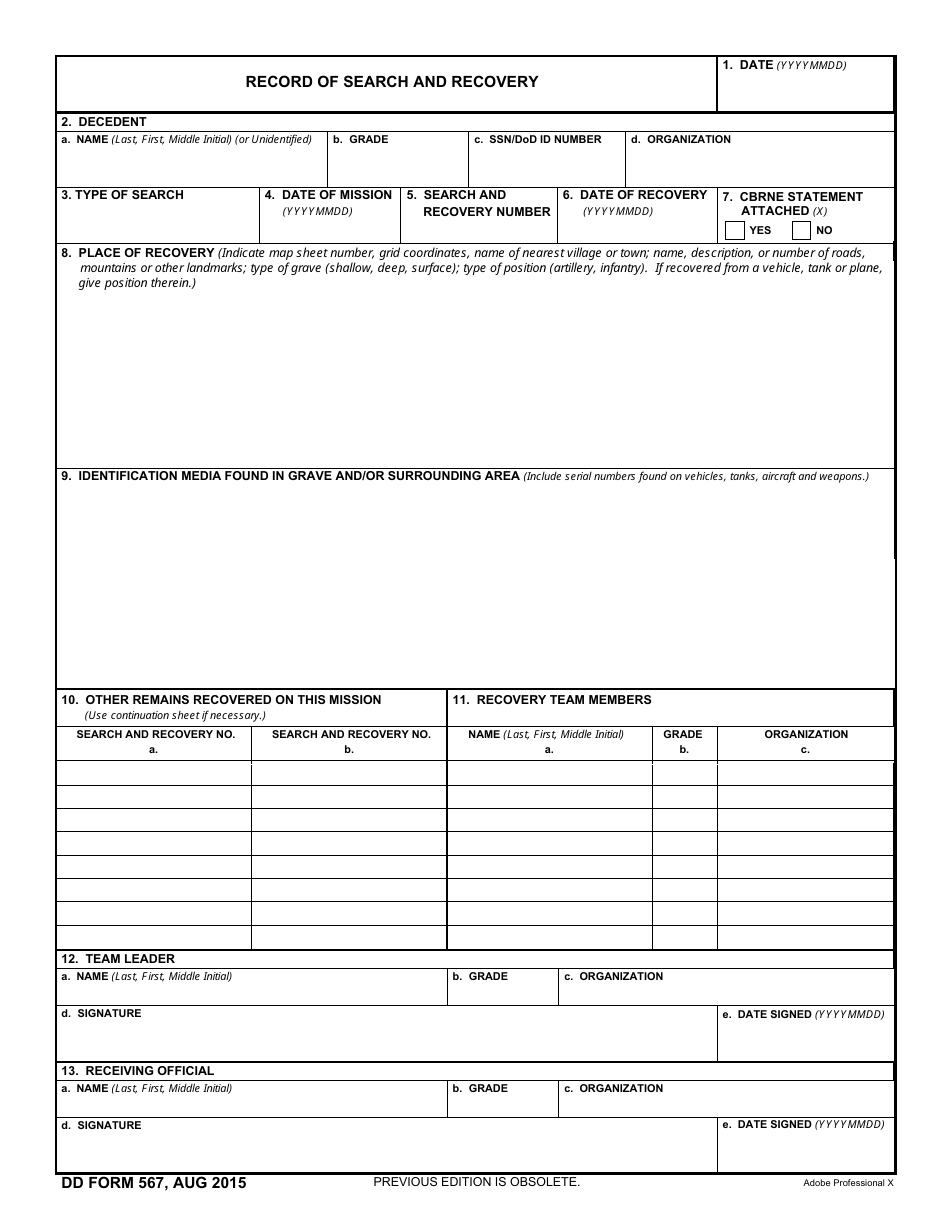 DD Form 567 Record of Search and Recovery, Page 1