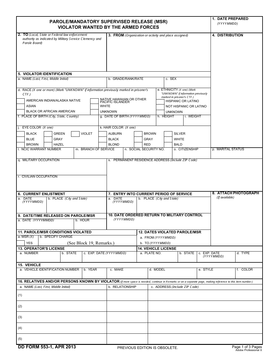 DD Form 553-1 Parole / Mandatory Supervised Release (Msr) Violator Wanted by the Armed Forces, Page 1