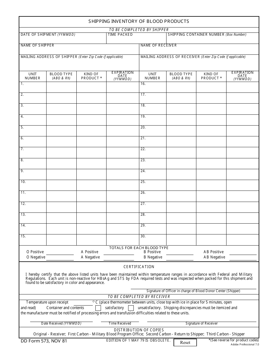 DD Form 573 Shipping Inventory of Blood Products, Page 1