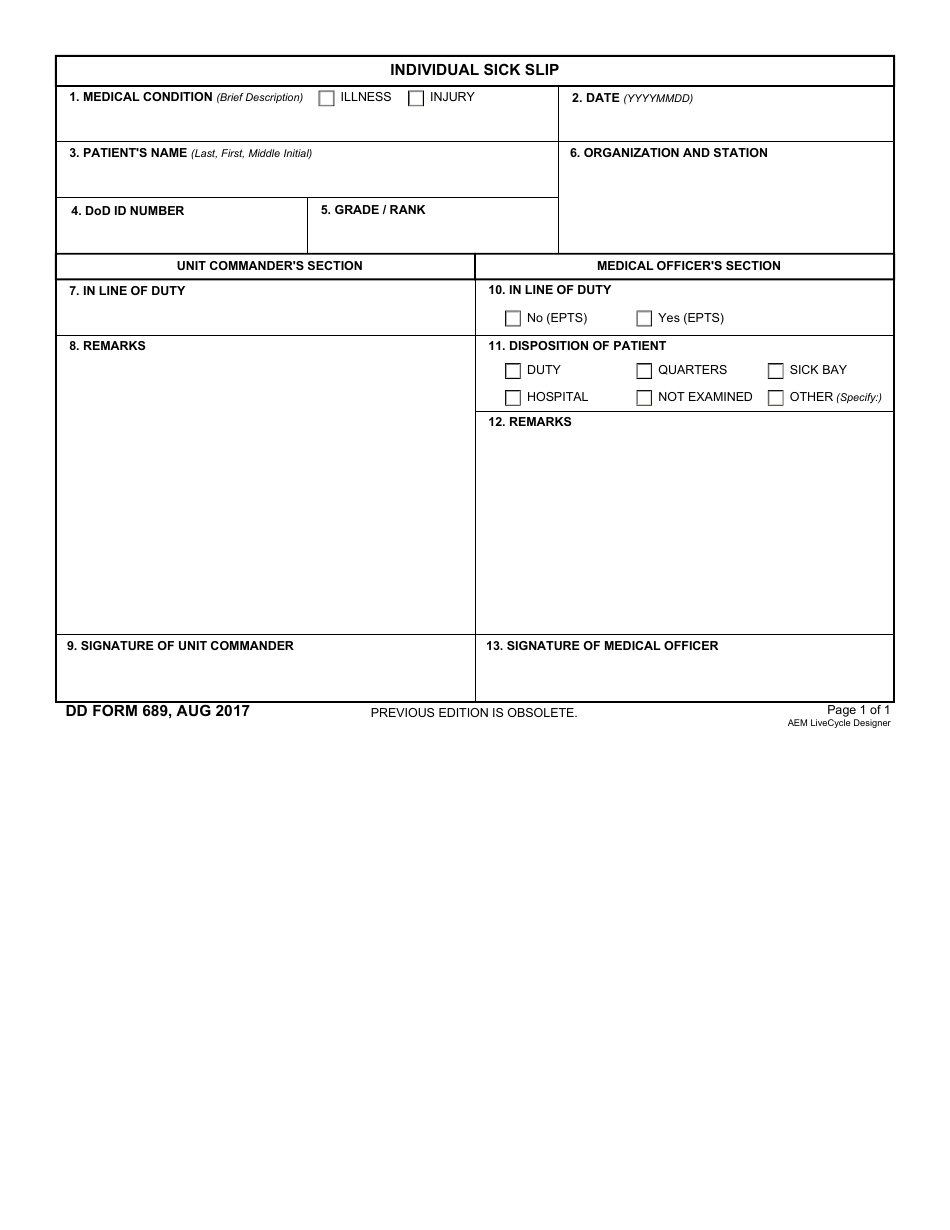DD Form 689 Individual Sick Slip, Page 1