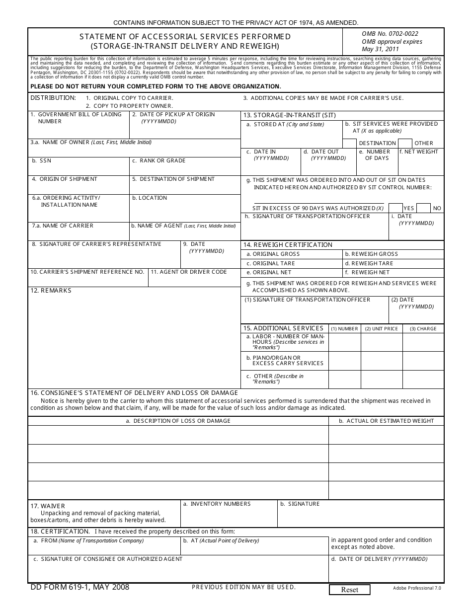 DD Form 619-1 Statement of Accessorial Services Performed (Storage-In-transit Delivery and Reweigh), Page 1