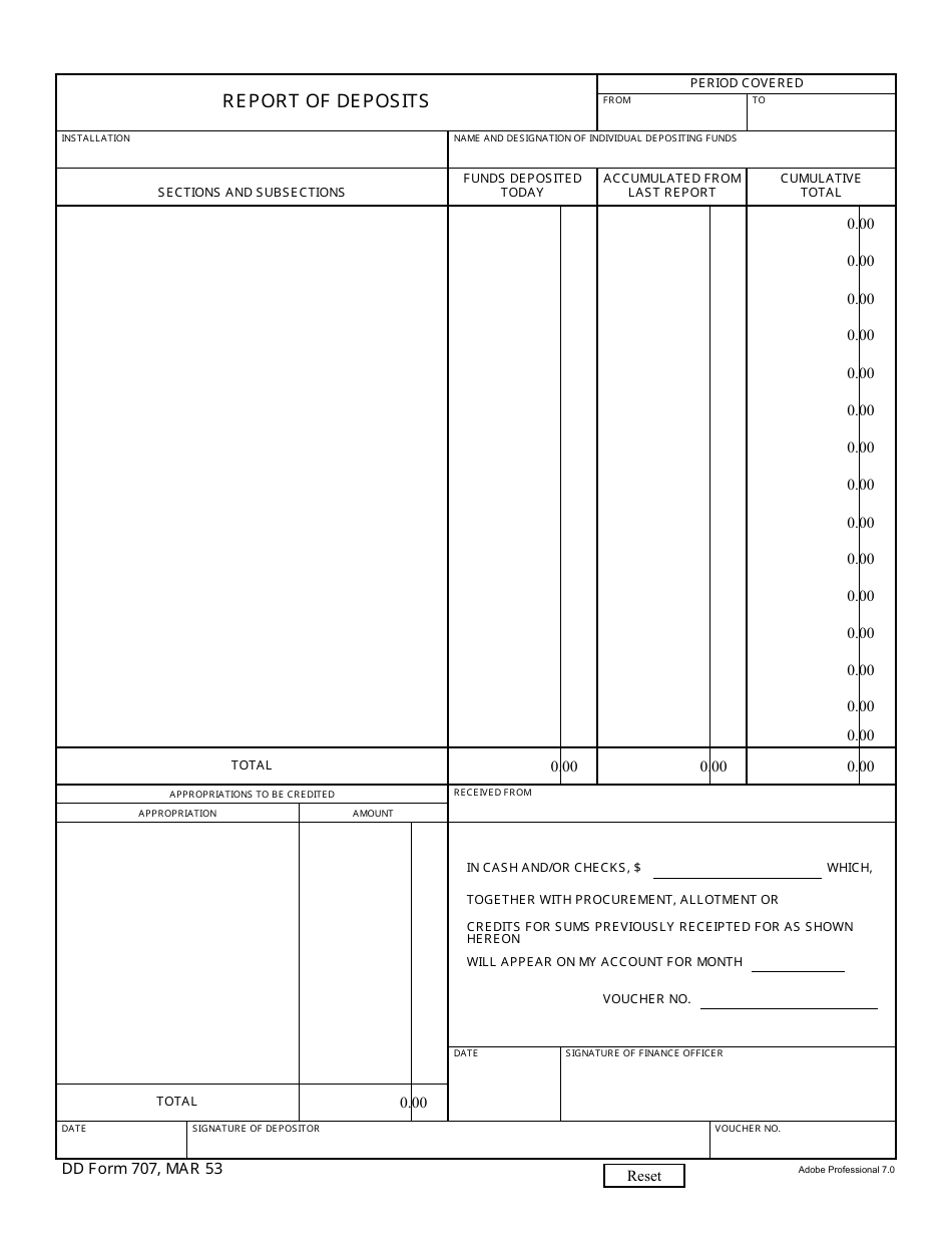 DD Form 707 Report of Deposits, Page 1