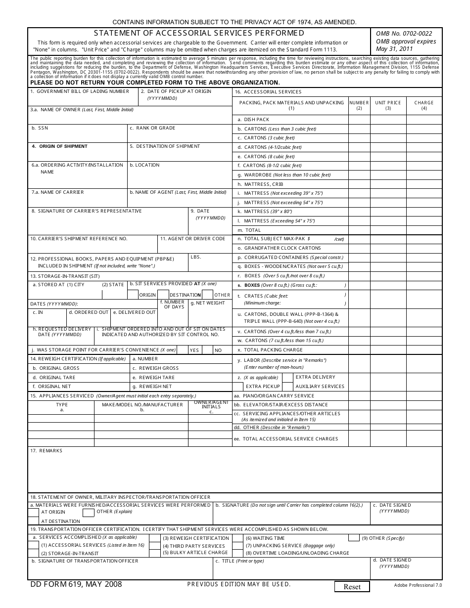 DD Form 619 Statement of Accessorial Services Performed, Page 1