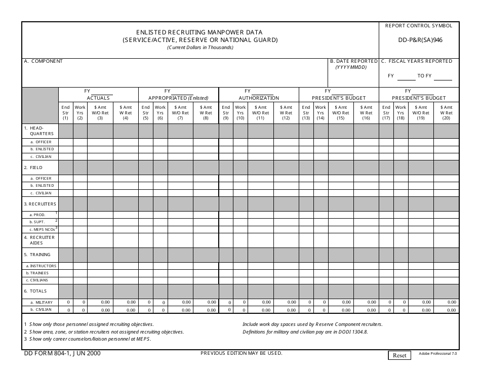 DD Form 804-1 Enlisted Recruiting Manpower Data (Service / Active, Reserve or National Guard), Page 1