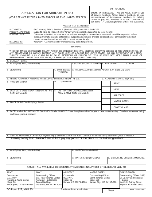 DD Form 827  Printable Pdf