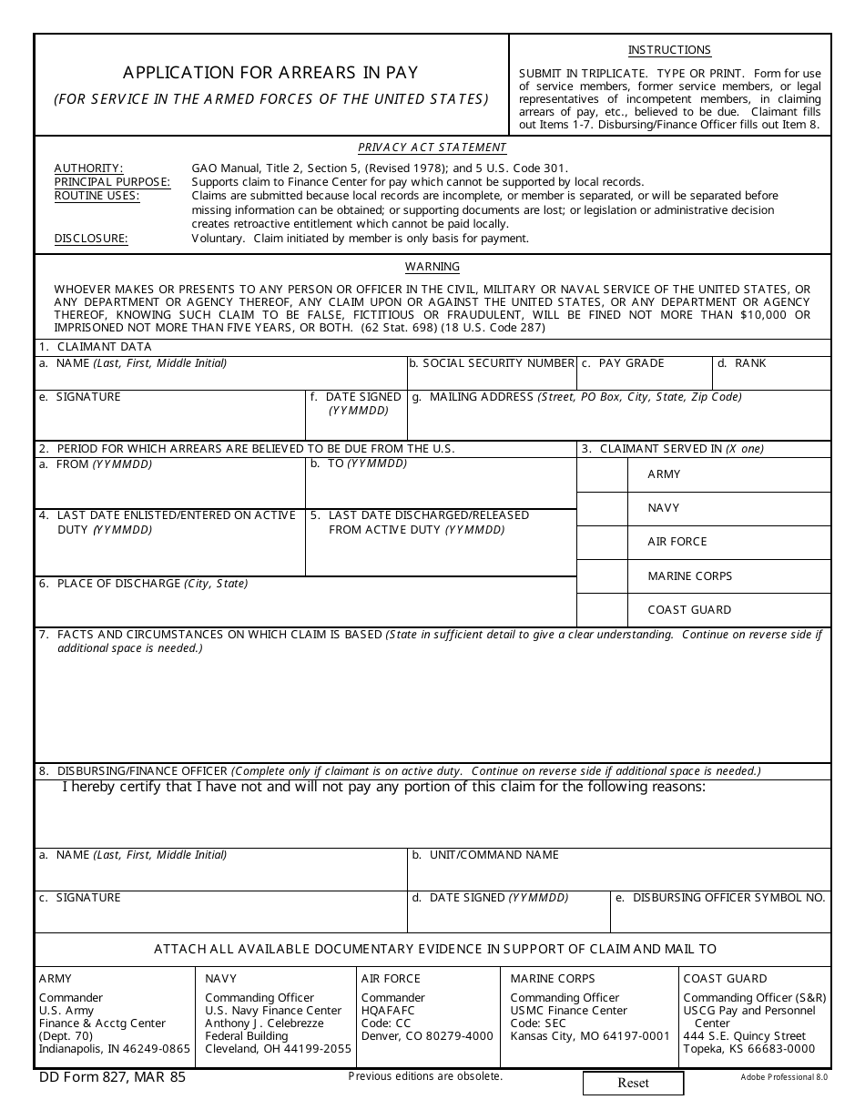 DD Form 827 Application for Arrears in Pay, Page 1