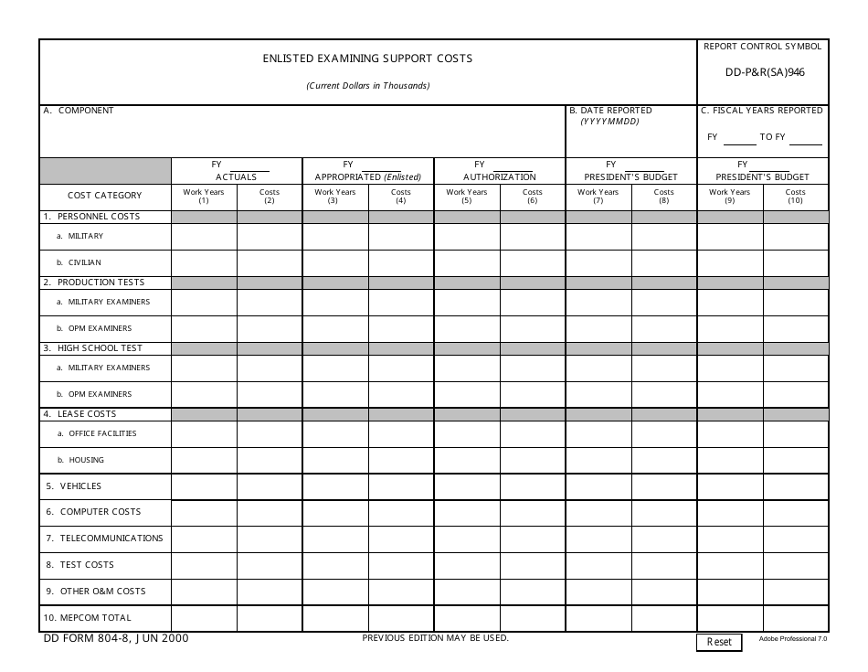 DD Form 804-8 Enlistment Examining Support Costs, Page 1