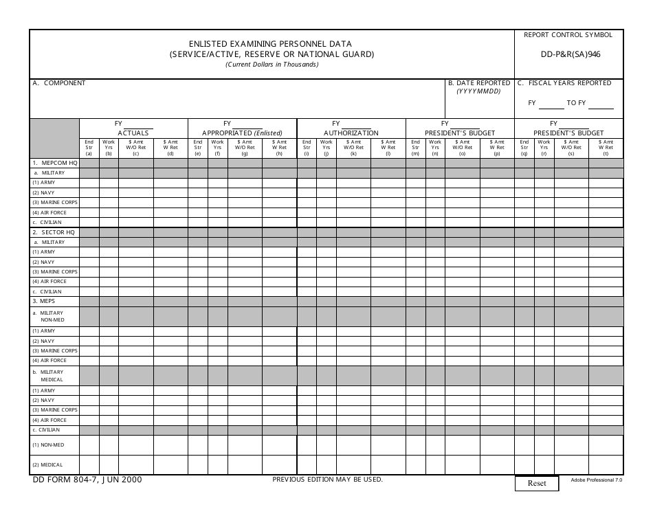 DD Form 804-7 Enlistment Examining Personnel Data (Service / Active, Reserve or National Guard), Page 1
