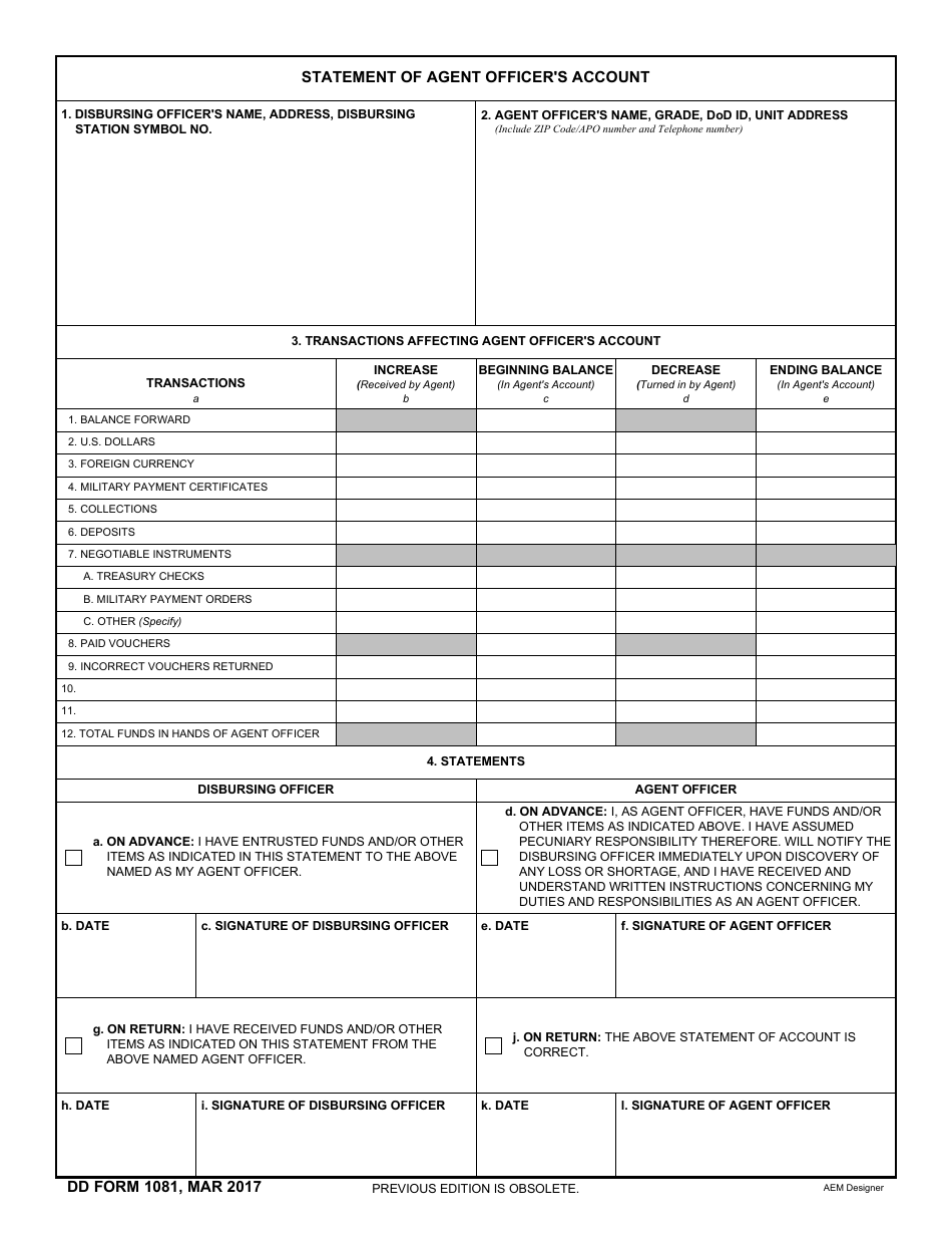 DD Form 1081 Statement of Agent Officers Account, Page 1