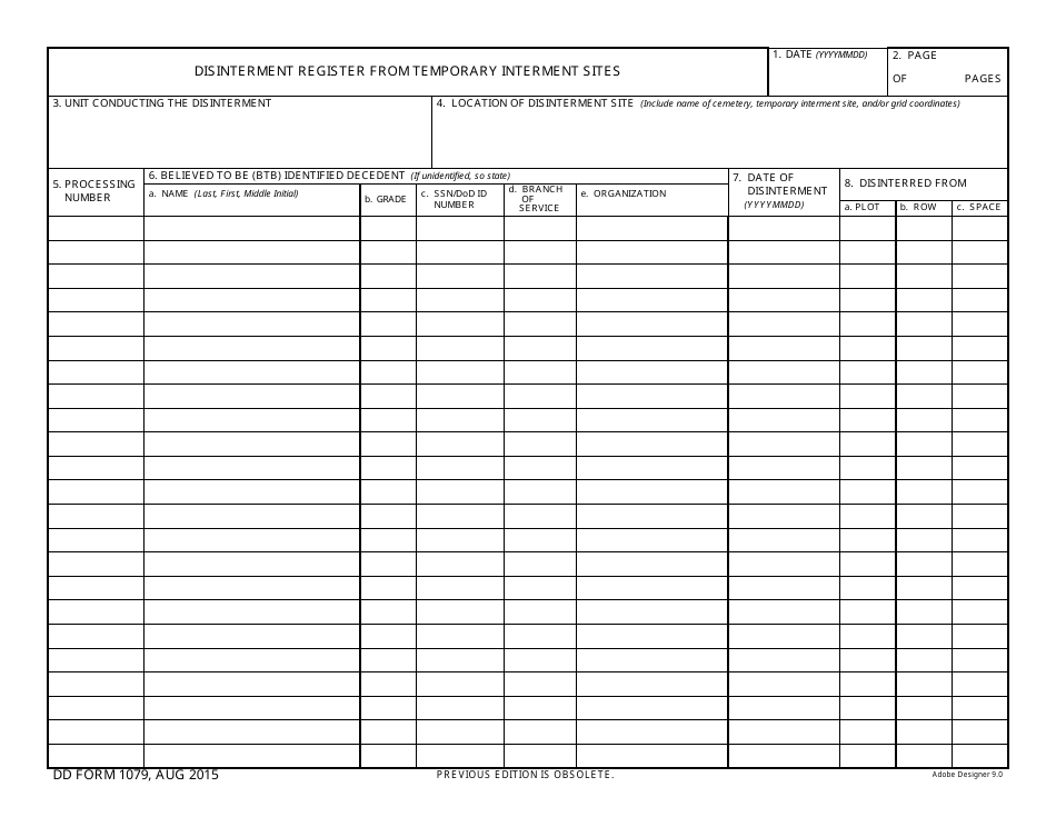 DD Form 1079 Disinterment Register From Temporary Interment Sites, Page 1
