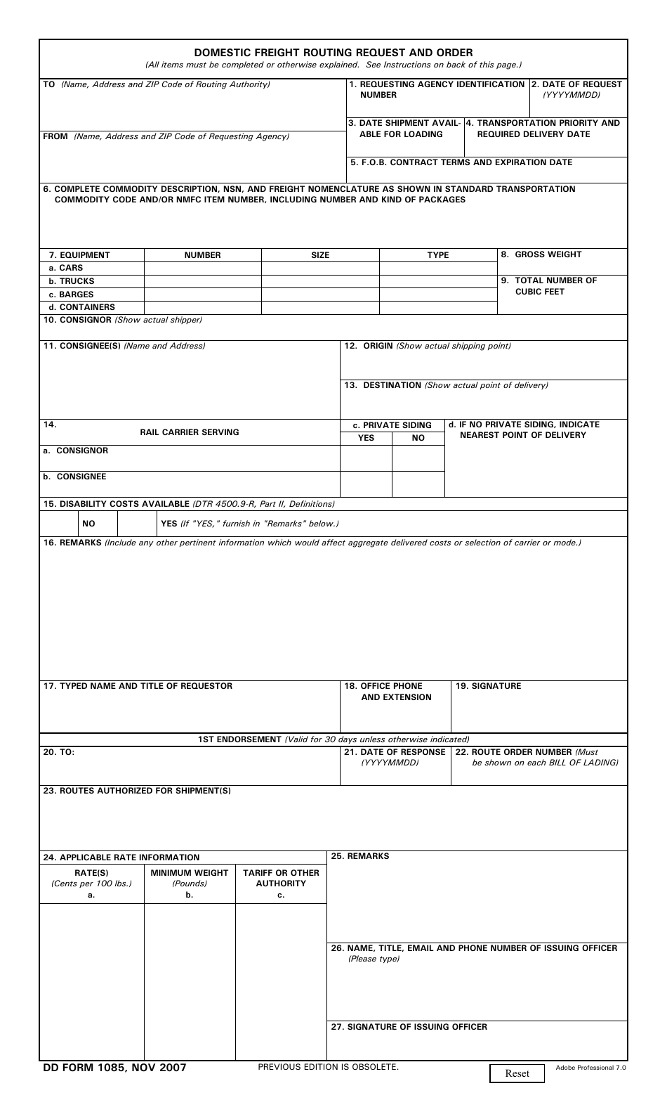 DD Form 1085 Domestic Freight Routing Request and Order, Page 1