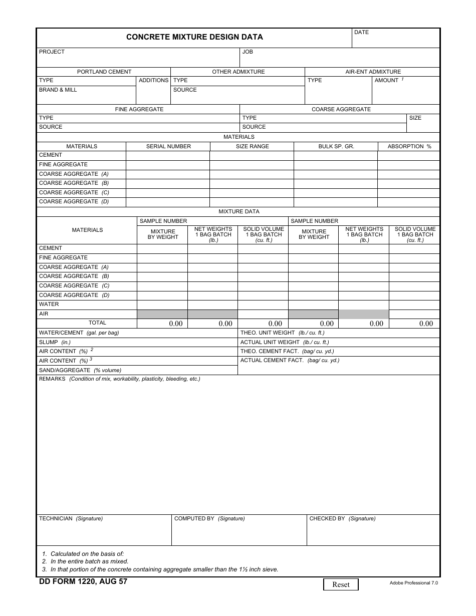 DD Form 1220 Concrete Mixture Design Data, Page 1