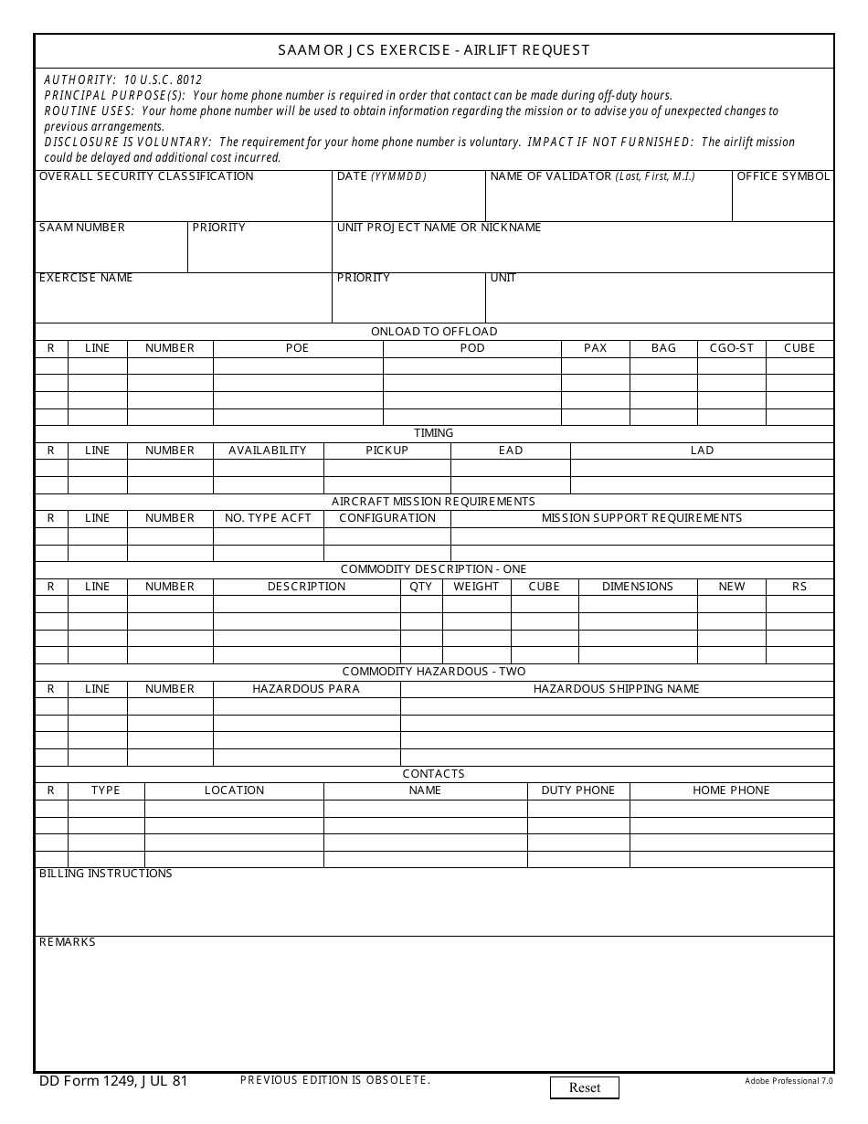 DD Form 1249 Saam or Jcs Exercise - Airlift Request, Page 1
