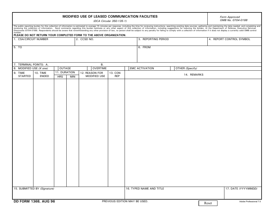DD Form 1368 Modified Use of Leased Communication Facilities, Page 1