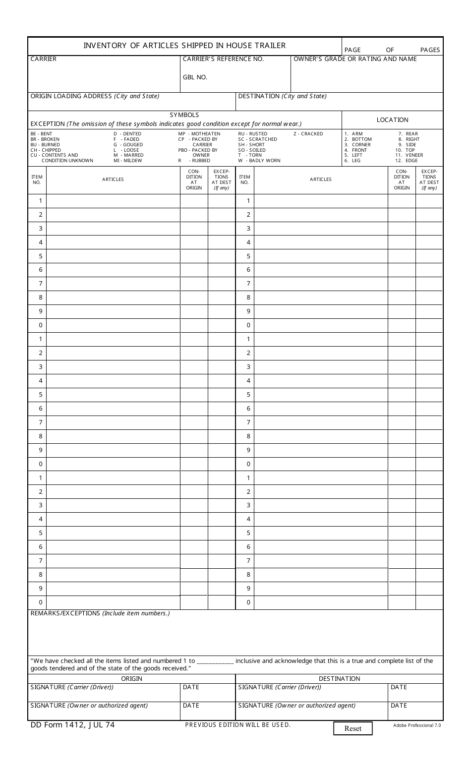 DD Form 1412 Inventory of Articles Shipped in House Trailer, Page 1