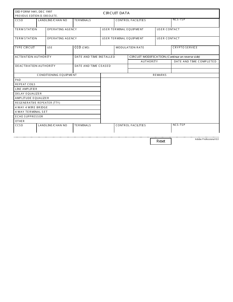 DD Form 1441 Circuit Data, Page 1