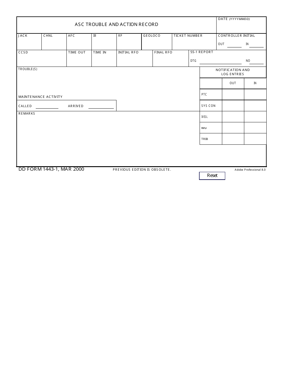 DD Form 1443-1 Asc Trouble and Action Record, Page 1
