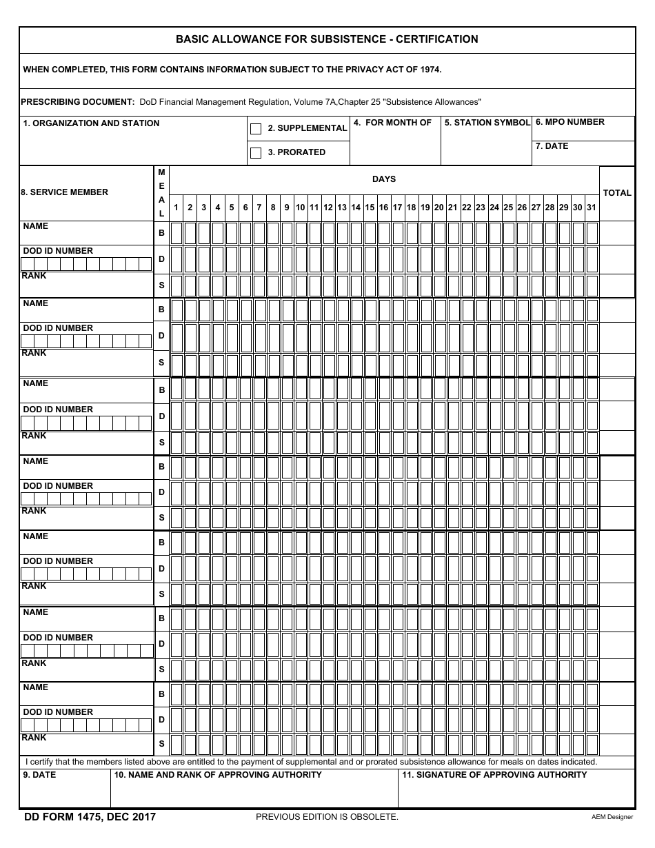 DD Form 1475 Basic Allowance for Subsistence - Certification, Page 1
