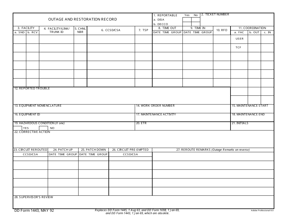 DD Form 1443 Outage and Restoration Record, Page 1