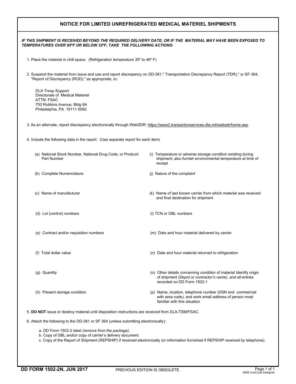 DD Form 1502-2N Notice for Limited Unrefrigerated Medical Materiel Shipments, Page 1