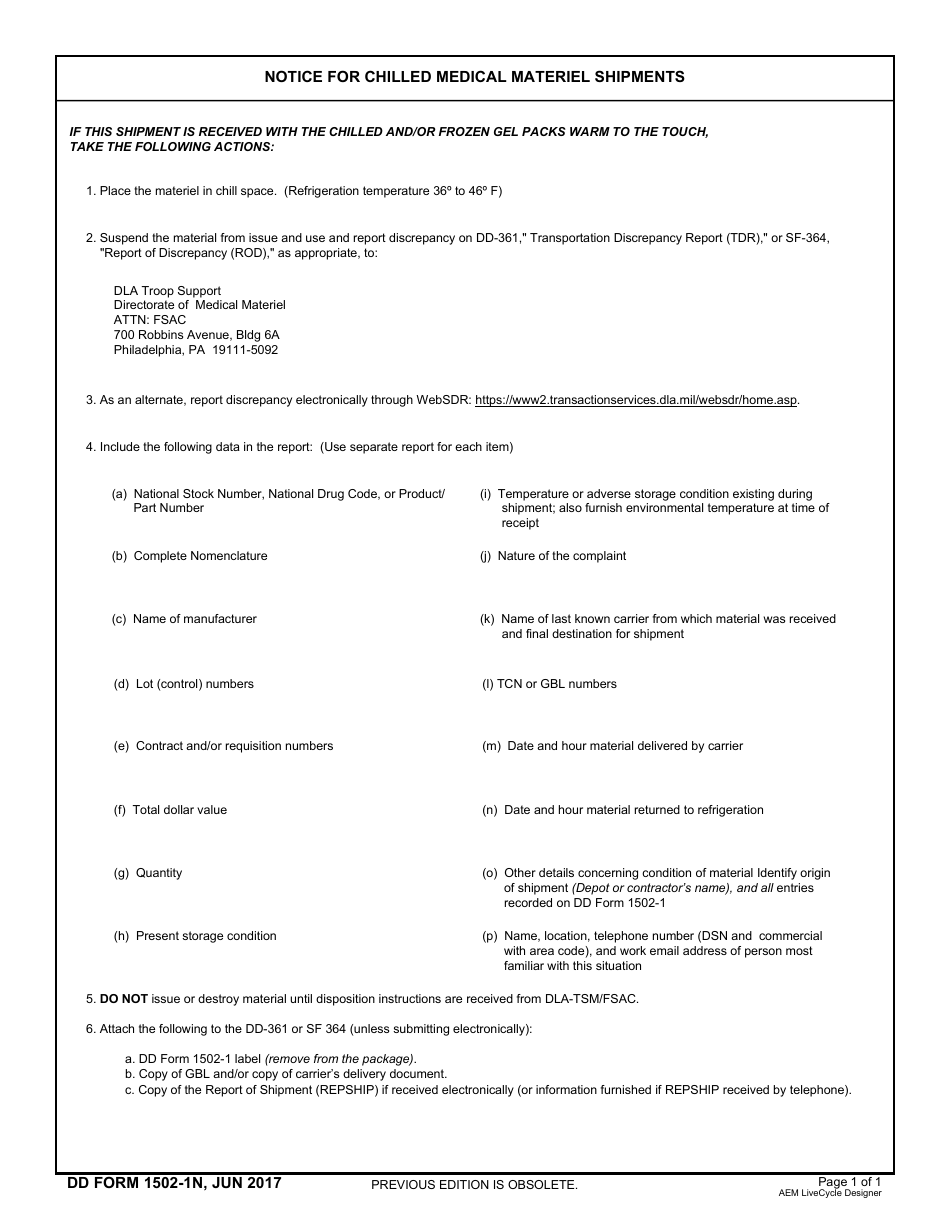 DD Form 1502-1N Notice for Chilled Medical Materiel Shipments, Page 1