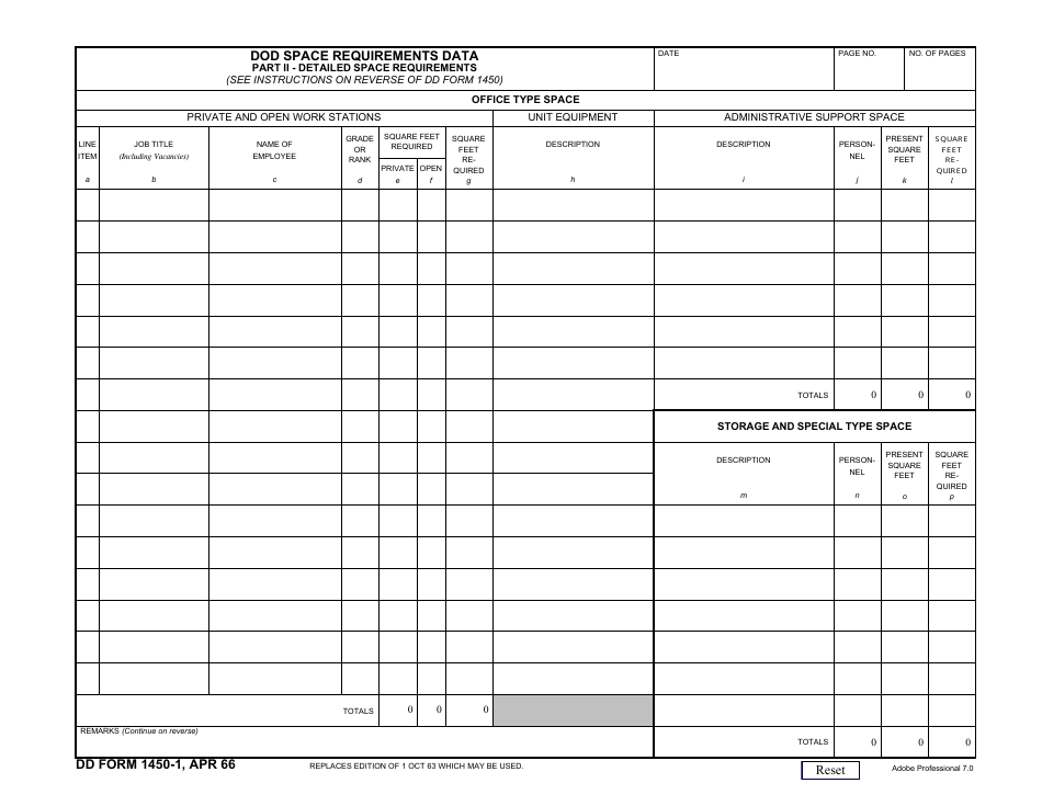 DD Form 1450-1 DoD Space Requirements Data - Part II - Detailed Space Requirements, Page 1