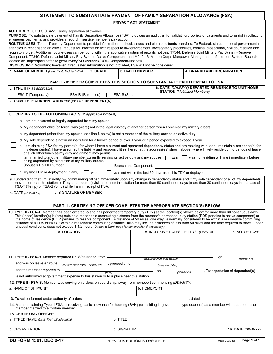 DD Form 1561 Statement to Substantiate Payment of Family Separation Allowance (FSA), Page 1