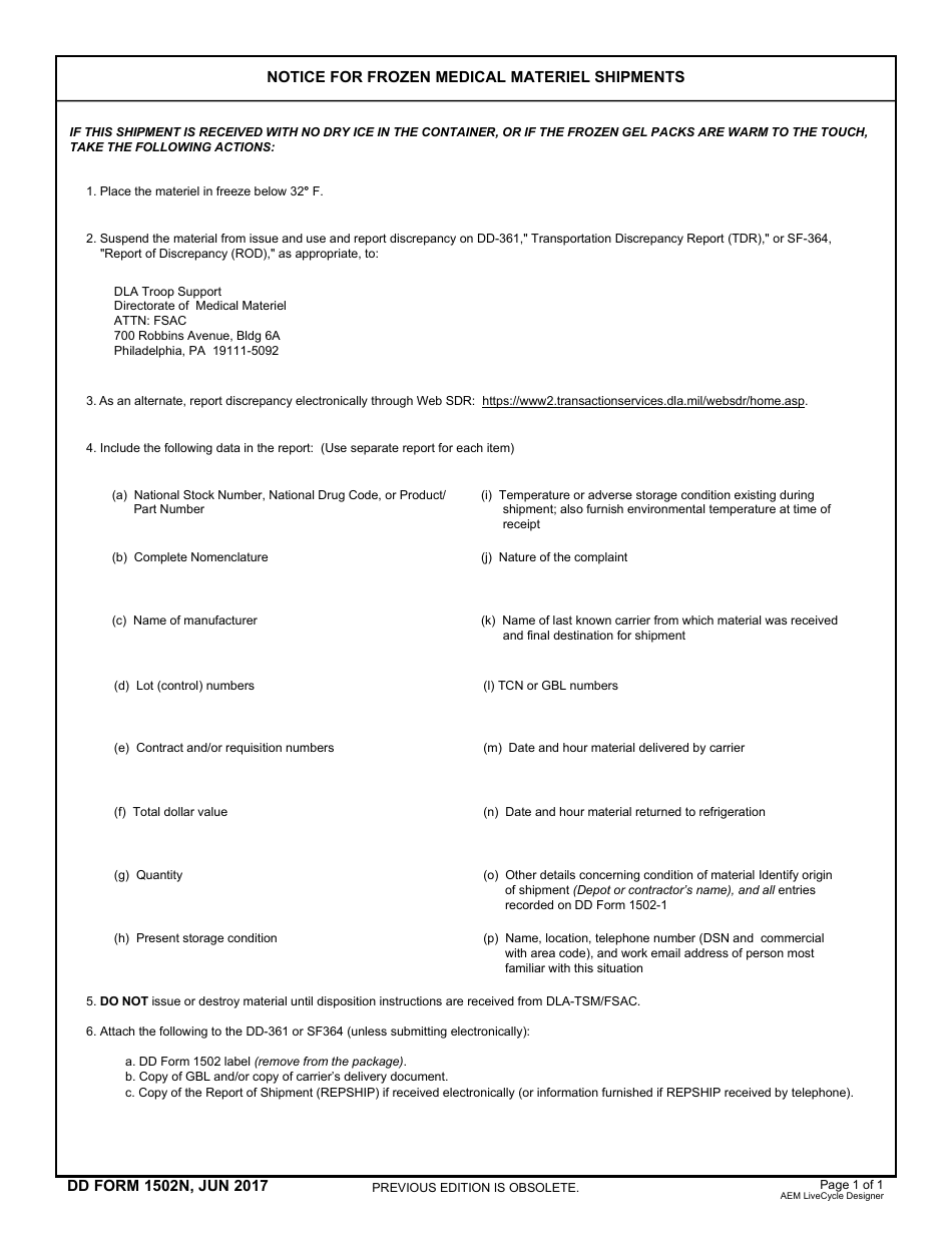 DD Form 1502N Notice for Frozen Medical Materiel Shipments, Page 1