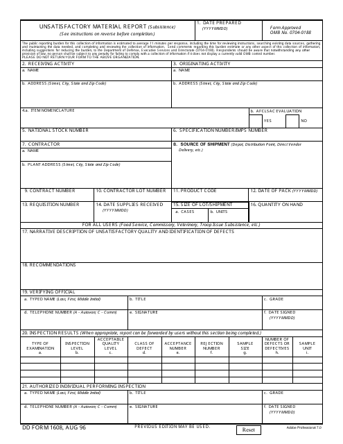DD Form 1608 Unsatisfactory Materiel Report (Subsistence)