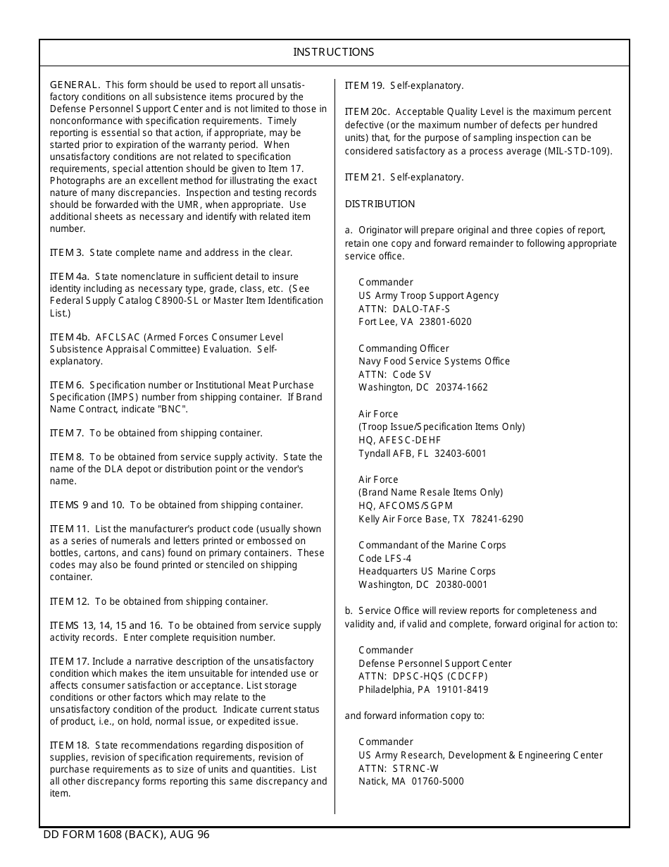 DD Form 1608 Unsatisfactory Materiel Report (Subsistence), Page 2