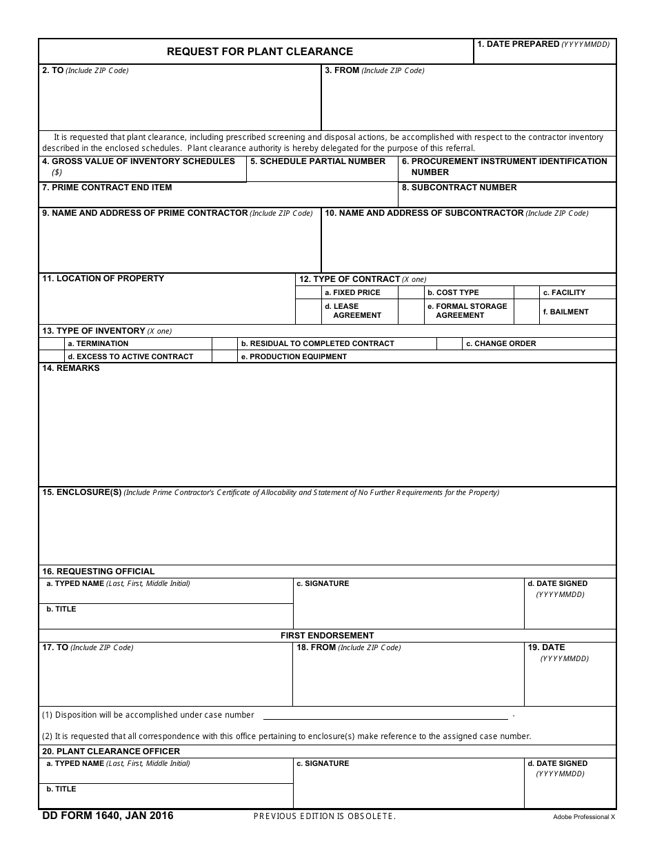 DD Form 1640 Request for Plant Clearance, Page 1