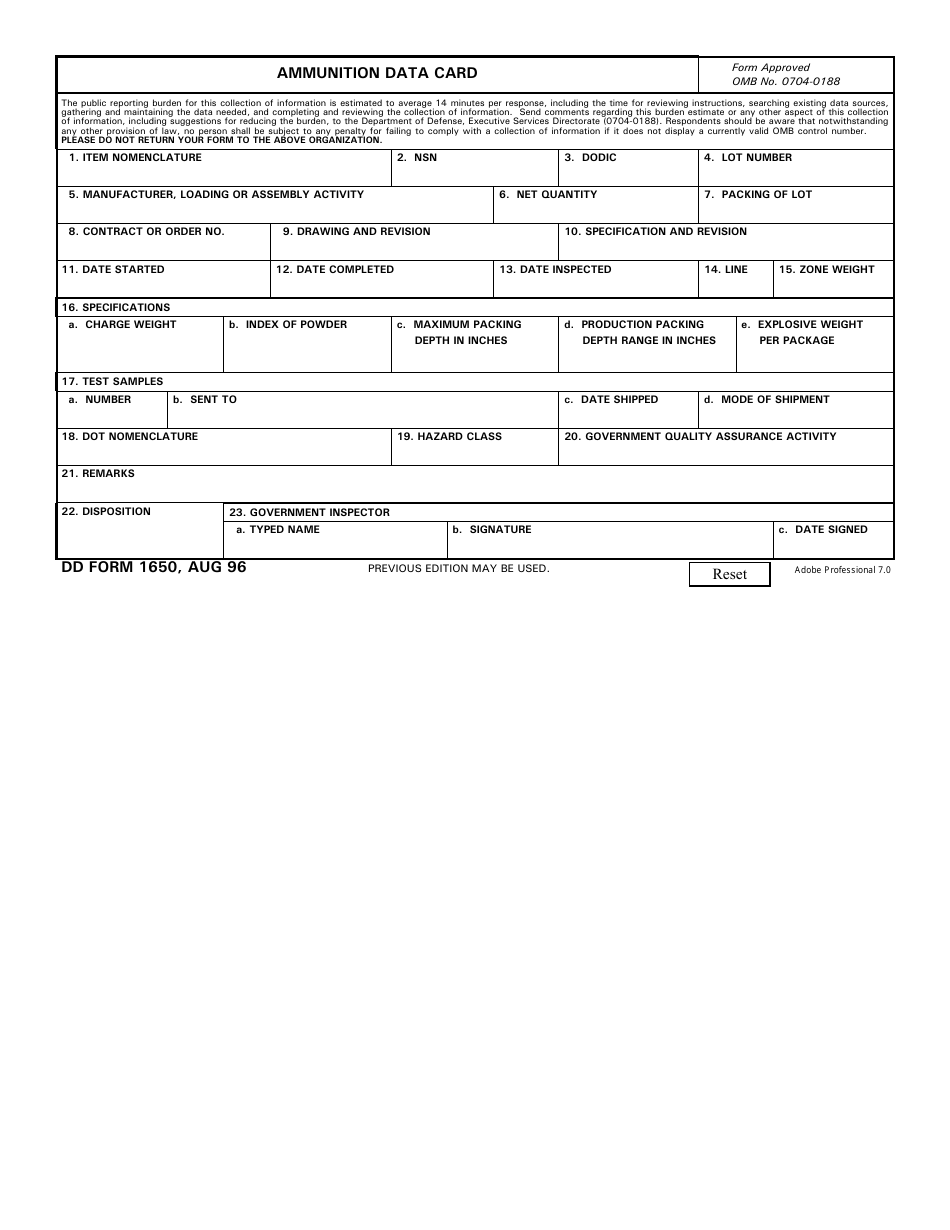 DD Form 1650 Ammunition Data Card, Page 1