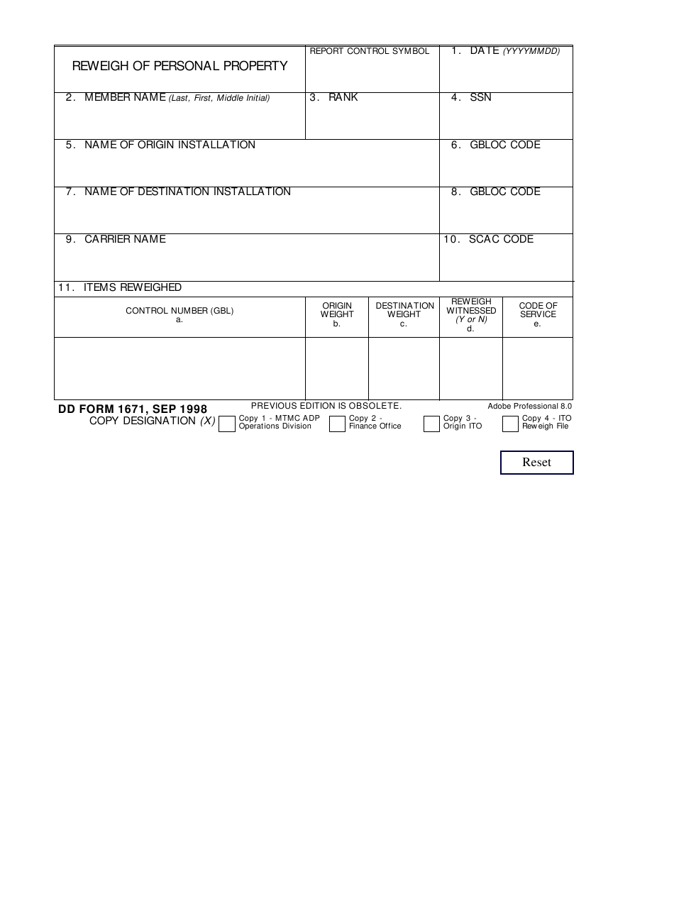 DD Form 1671 Download Fillable PDF or Fill Online Reweigh of Personal ...