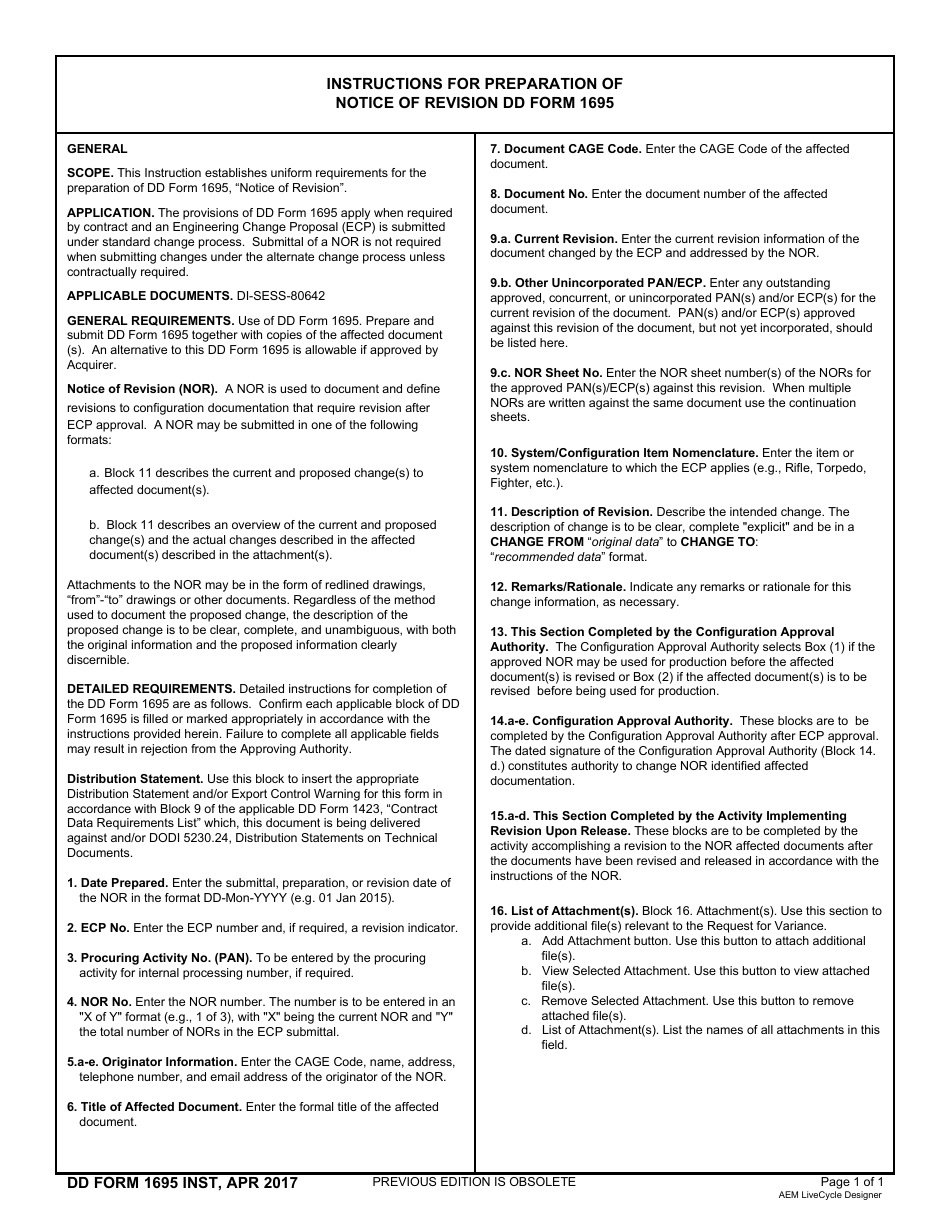 Instructions for DD Form 1695 Notice of Revision (Nor), Page 1