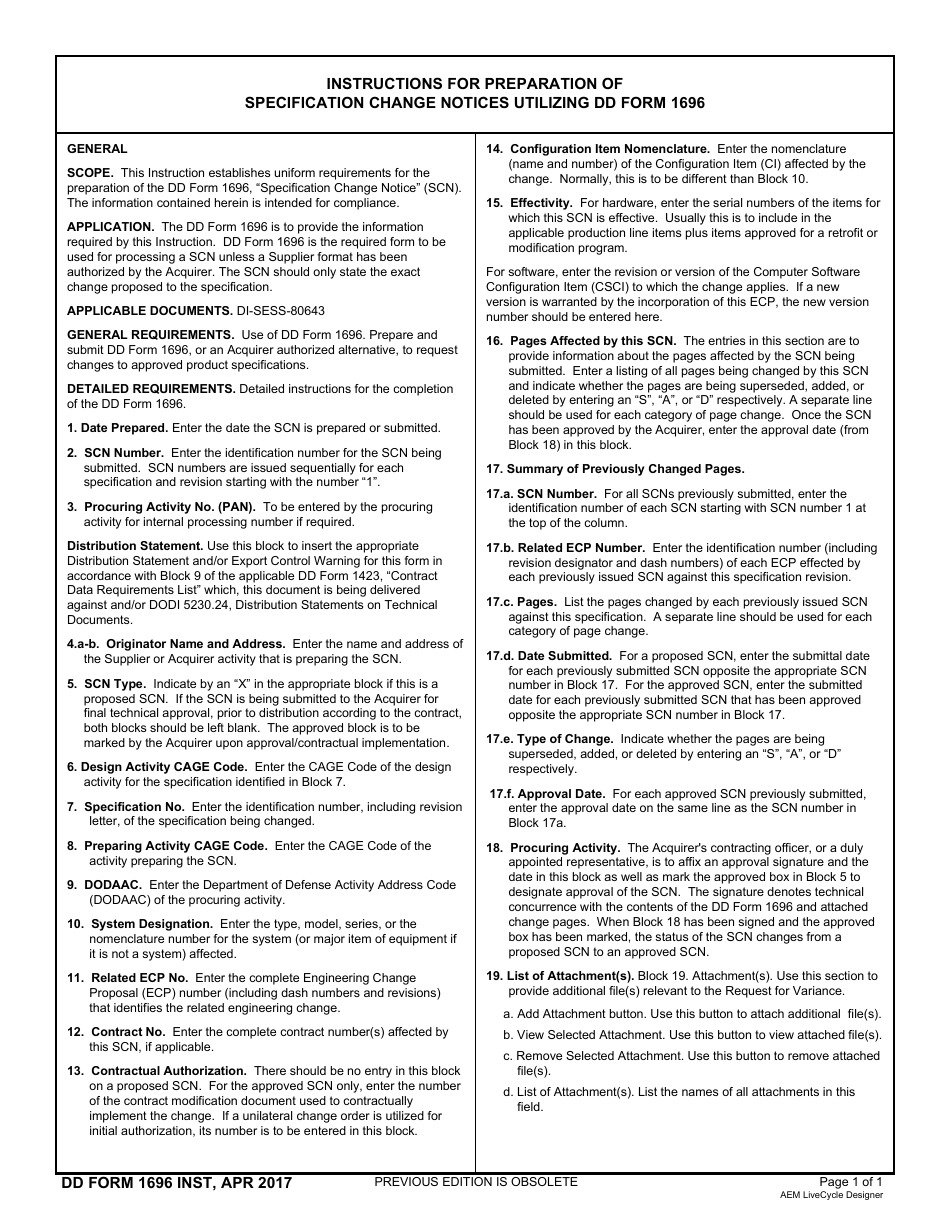 Instructions for DD Form 1696 Specification Change Notices (Scn), Page 1