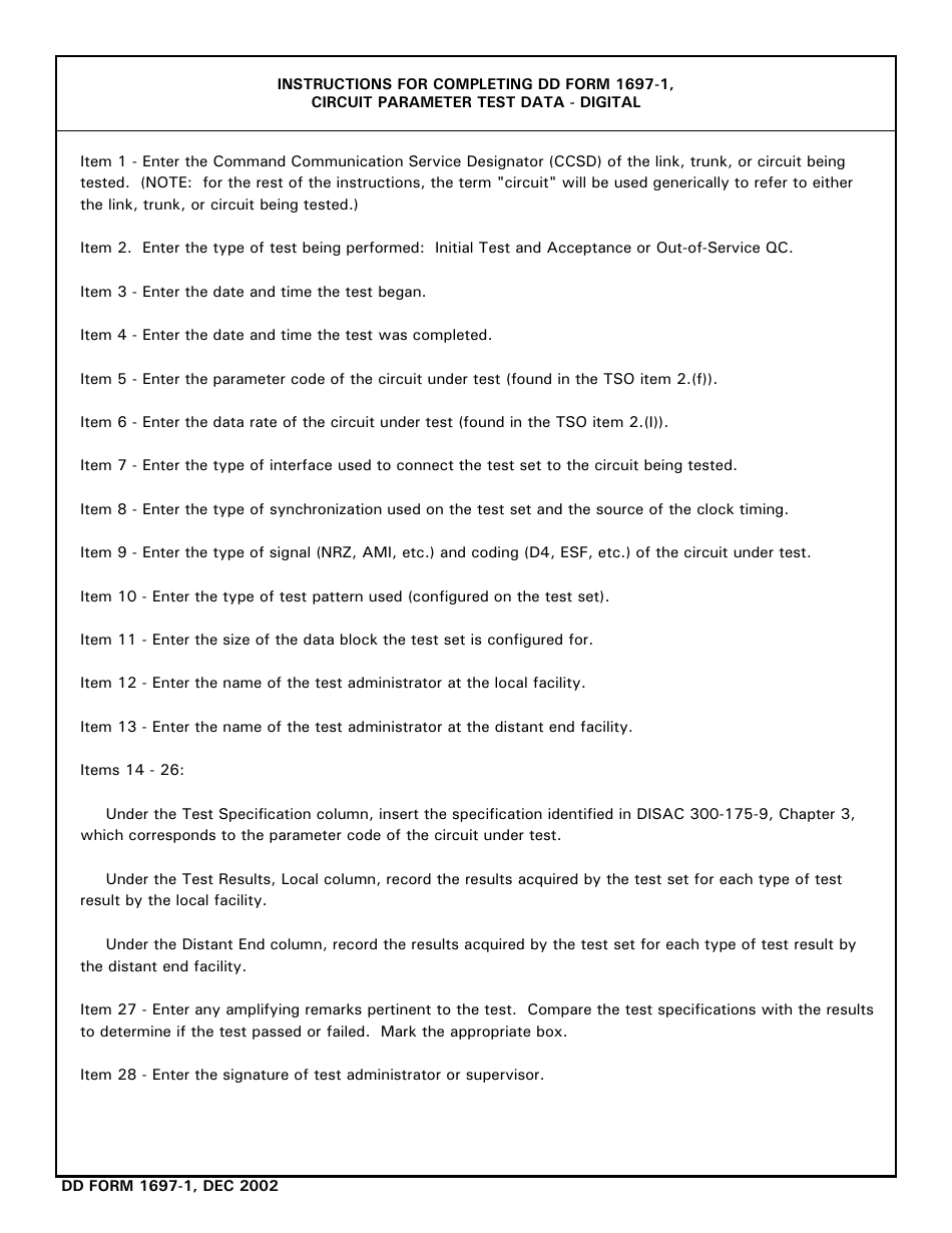 DD Form 1697-1 Circuit Parameter Test Data - Digital, Page 2