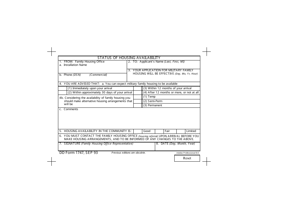 DD Form 1747 Status of Housing Availability, Page 1