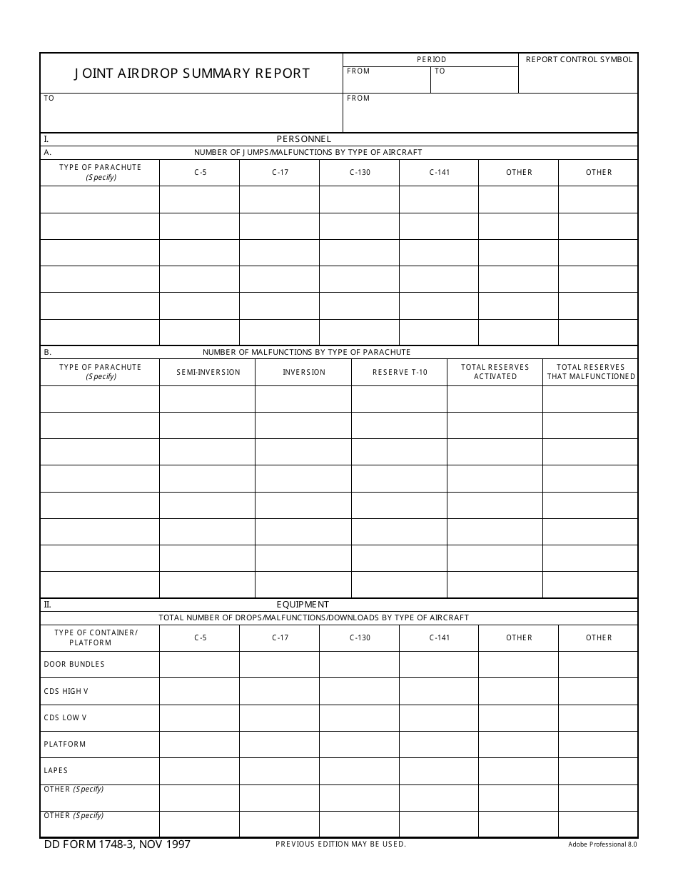 DD Form 1748-3 Joint Airdrop Summary Report, Page 1