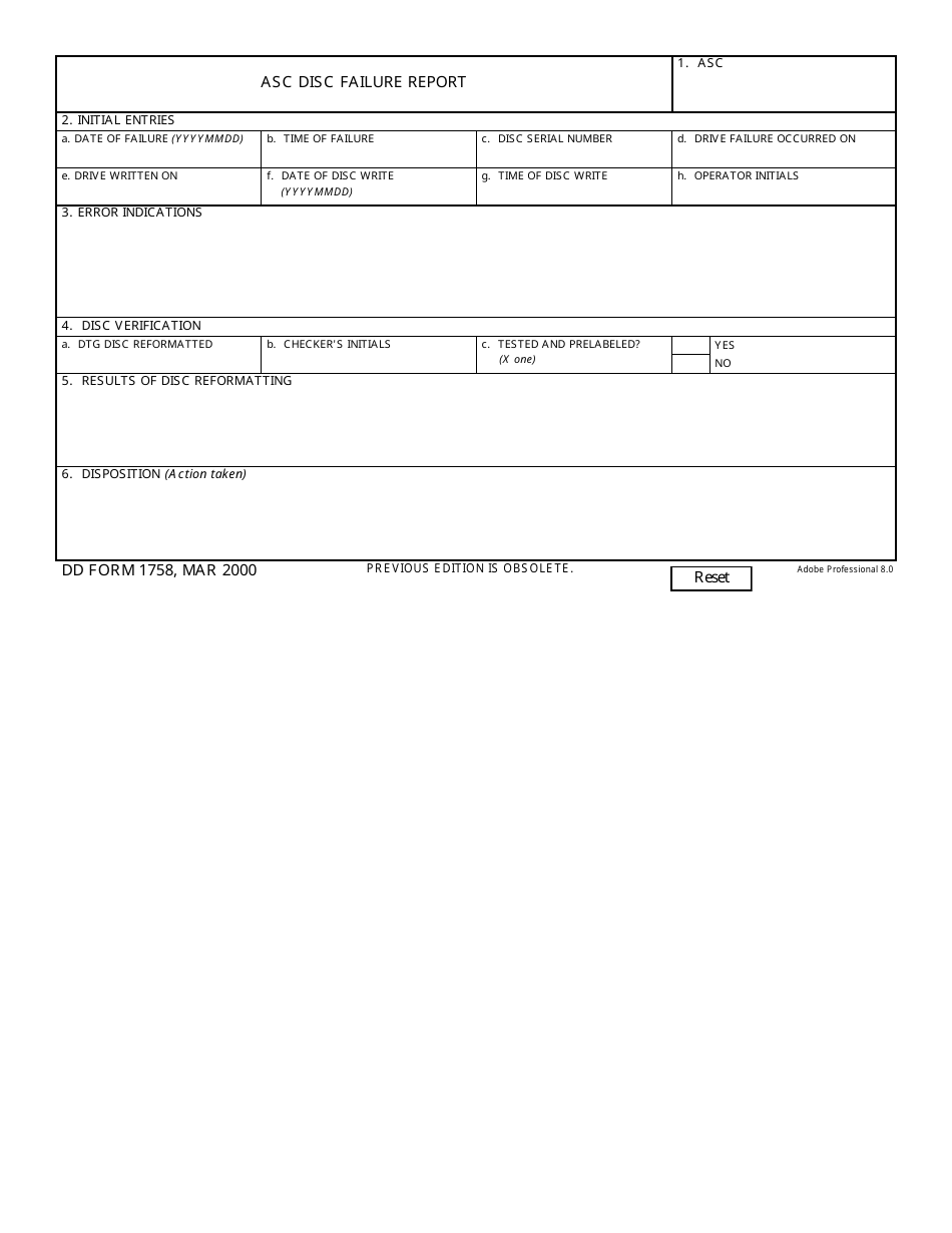 DD Form 1758 Asc Disc Failure Report, Page 1