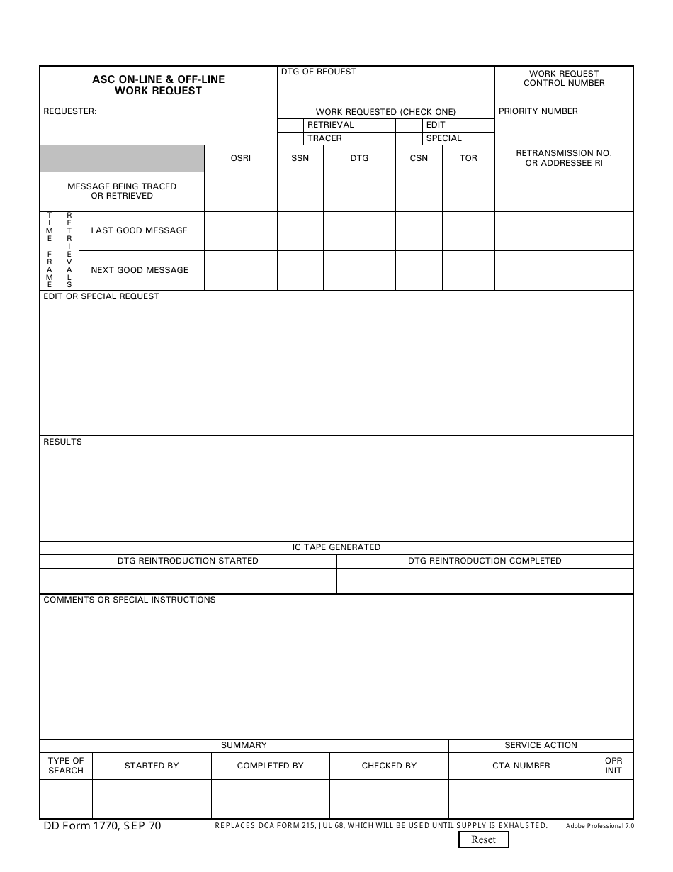 DD Form 1770 Asc on-Line  off-Line Work Request, Page 1