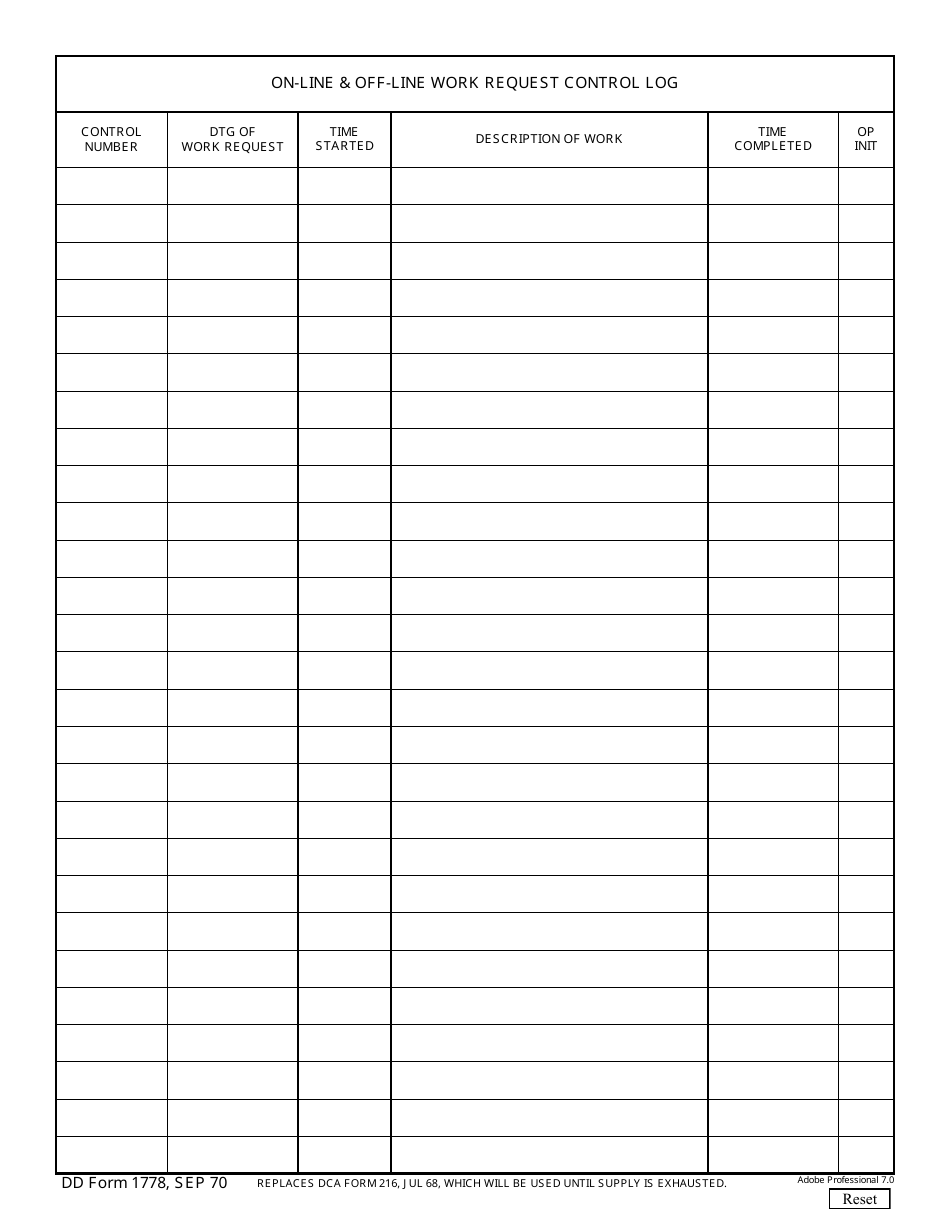 DD Form 1778 On-Line  off-Line Work Request Control Log, Page 1
