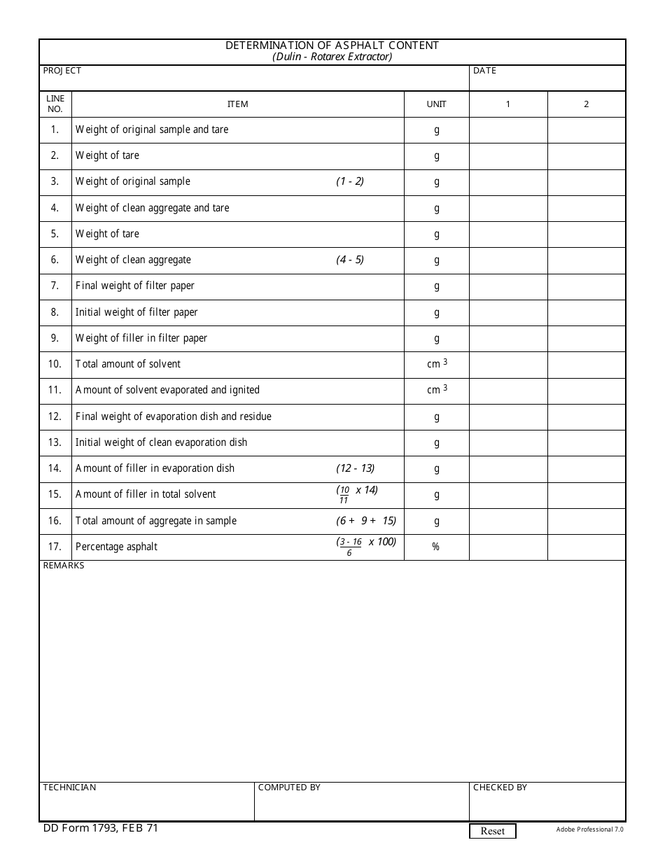 DD Form 1793 Determination of Asphalt Content, Page 1