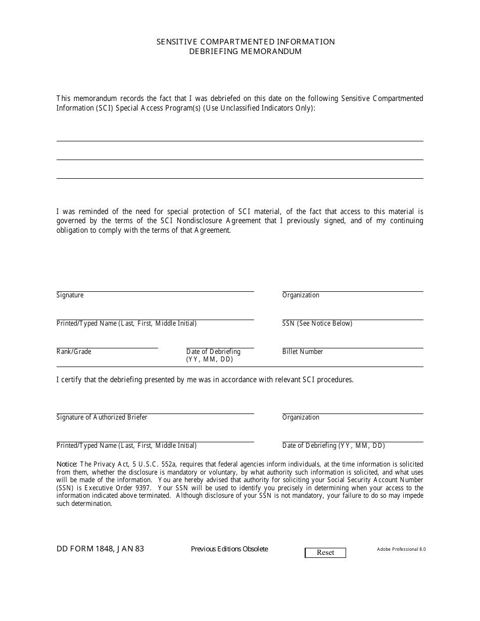 DD Form 1848 Sensitive Compartmented Information Debriefing Memorandum, Page 1