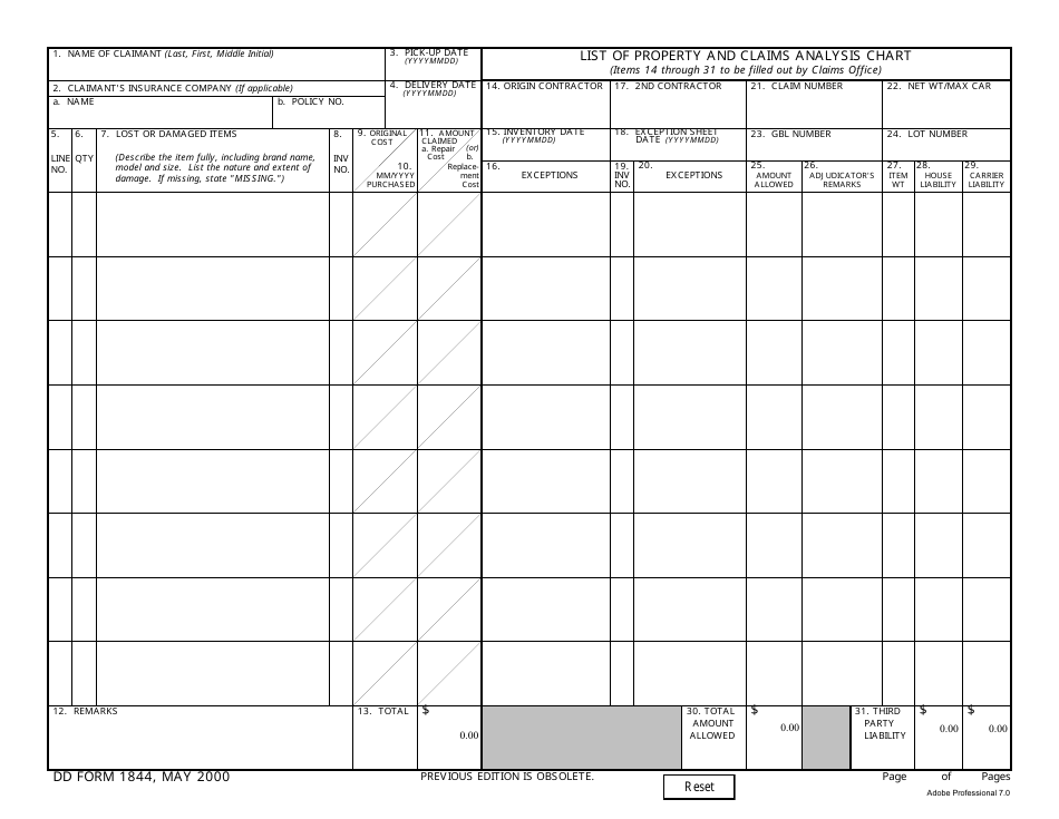 DD Form 1844 List of Property and Claims Analysis Chart, Page 1