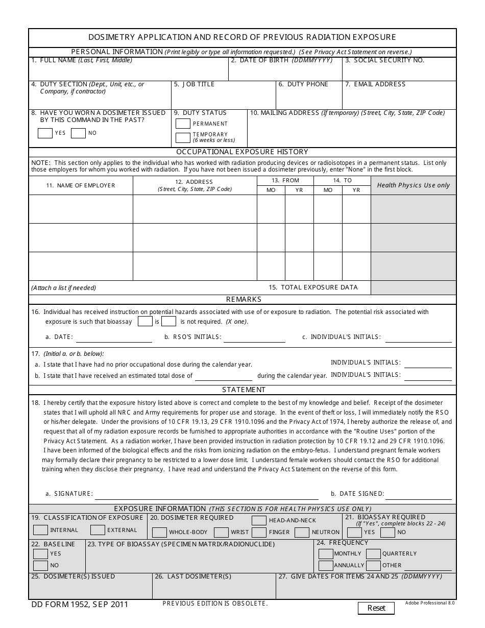 DD Form 1952 Dosimetry Application and Record of Previous Radiation Exposure, Page 1