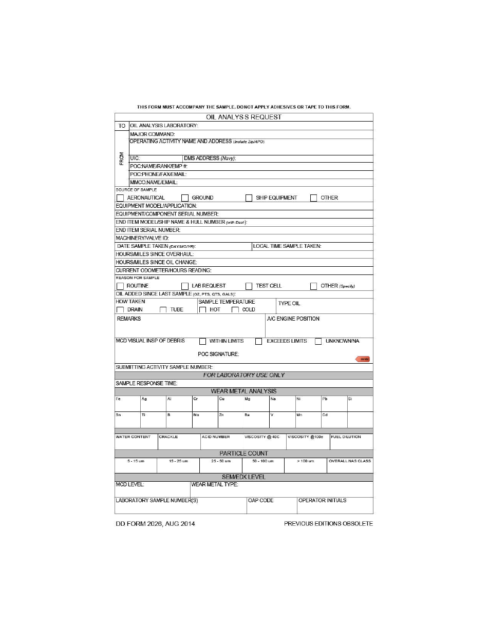 DD Form 2026 Oil Analysis Request, Page 1