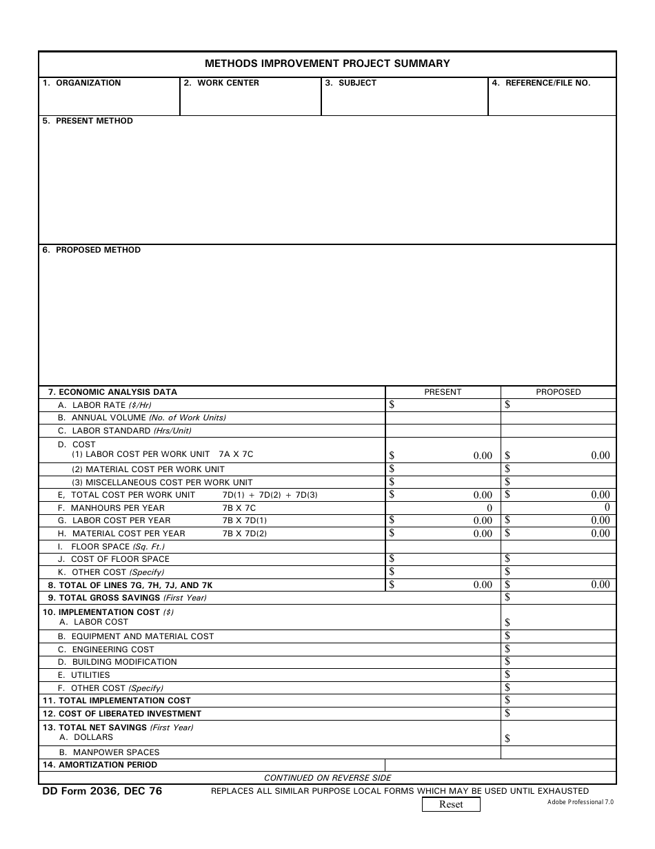 DD Form 2036 Methods Improvement Project Summary, Page 1