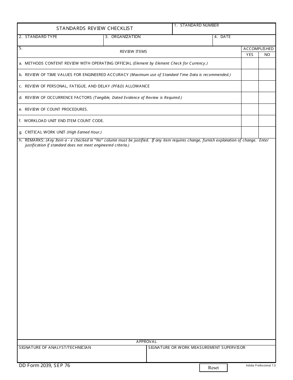 DD Form 2039 Standards Review Checklist, Page 1