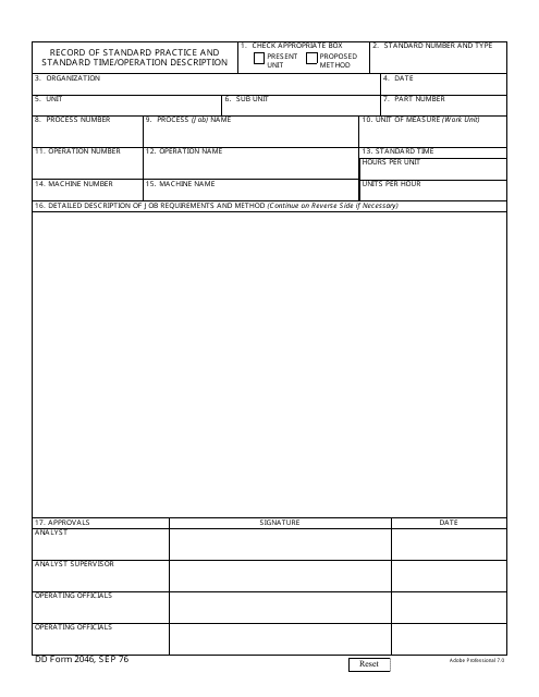 DD Form 2046 Record of Standard Practice and Standard Time/Operation Description